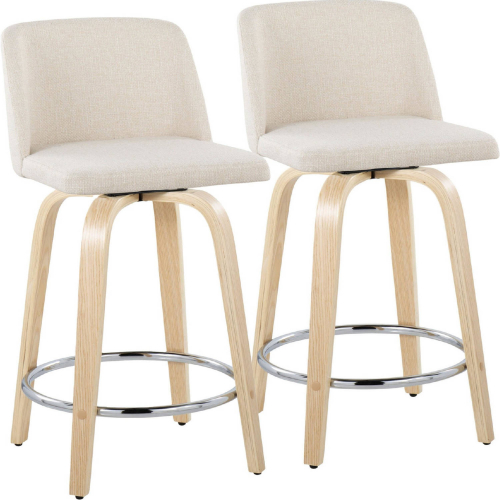 Toriano 24" Swivel Counter Stool in Natural Wood & Cream Noise Fabric w/ Chrome Footrest (Set of 2)